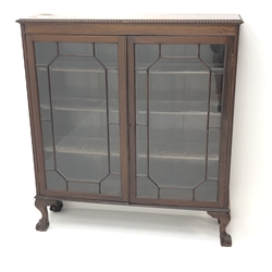  Early 20th century mahogany bookcase display cabinet, two astragal glazed doors, cabriole legs on ball and claw feet, W122cm, H132cm, D35cm  