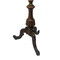 Victorian mahogany pole screen, floral finial, the glazed shield screen framing floral beadwork panel, turned column on cabriole tripod base with cartouche and c-scrolled knees and scroll feet