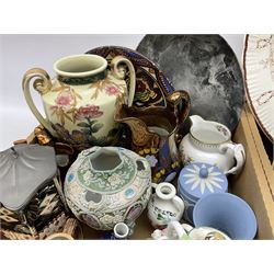 Wedgwood Jasperware lidded cylindrical jar and tulip vase, Spode Copeland's jug, two luster jugs, and other decorative ceramics and collectables, in two boxes 