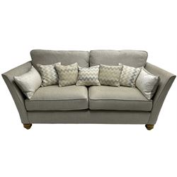 Oak Furnitureland - three-piece lounge suite upholstered in grey fabric, large three-seat sofa (W238cm, D106cm), two-seat sofa (W209cm), and snuggler sofa (W129cm)