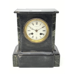  Victorian polished black slate and marble mantel clock, Roman dial signed Everington, twin train half hour striking movement, H25cm  