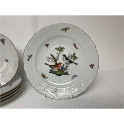 Herend of Hungary Rothschild bird pattern, part tea service, comprising two large teacups and saucers, two teacups and three saucers, milk jug, sugar bowl, five dessert plates and two side plates (18)