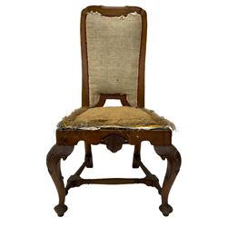 Set of four Queen Anne style walnut dining chairs, high back with shaped top rail, shell carved serpentine front rail and shell carved cabriole legs with pad feet joined by an H stretcher, (4)