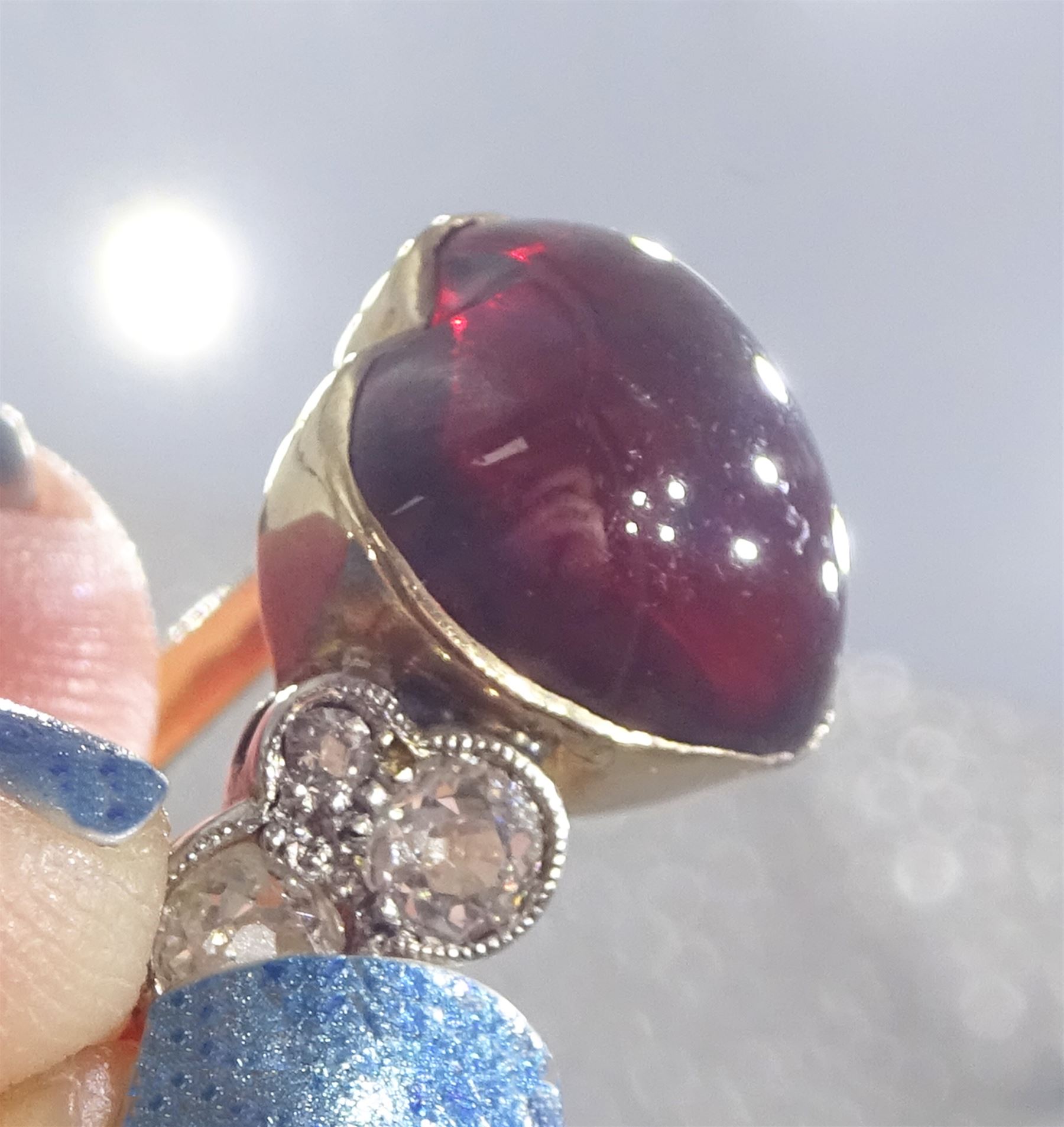 Early 20th century gold heart cut garnet and six stone old cut diamond ring, stamped 18ct, total diamond weight approx 0.50 carat