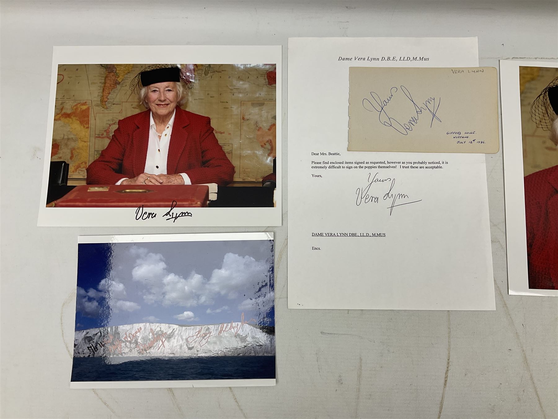 Dame Vera Lynn - collection of six signatures comprising TLS, album page and four colour photographs (including White Cliffs of Dover); signed photograph of John Mills; and signed photographs of film stars each with CoA including Bob Hope, Charlton Heston, Gene Autry, Sound of Music Julie Andrews and Christopher Plummer and Joanna Lumley