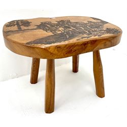 Carved hardwood stool depicting ploughing scene