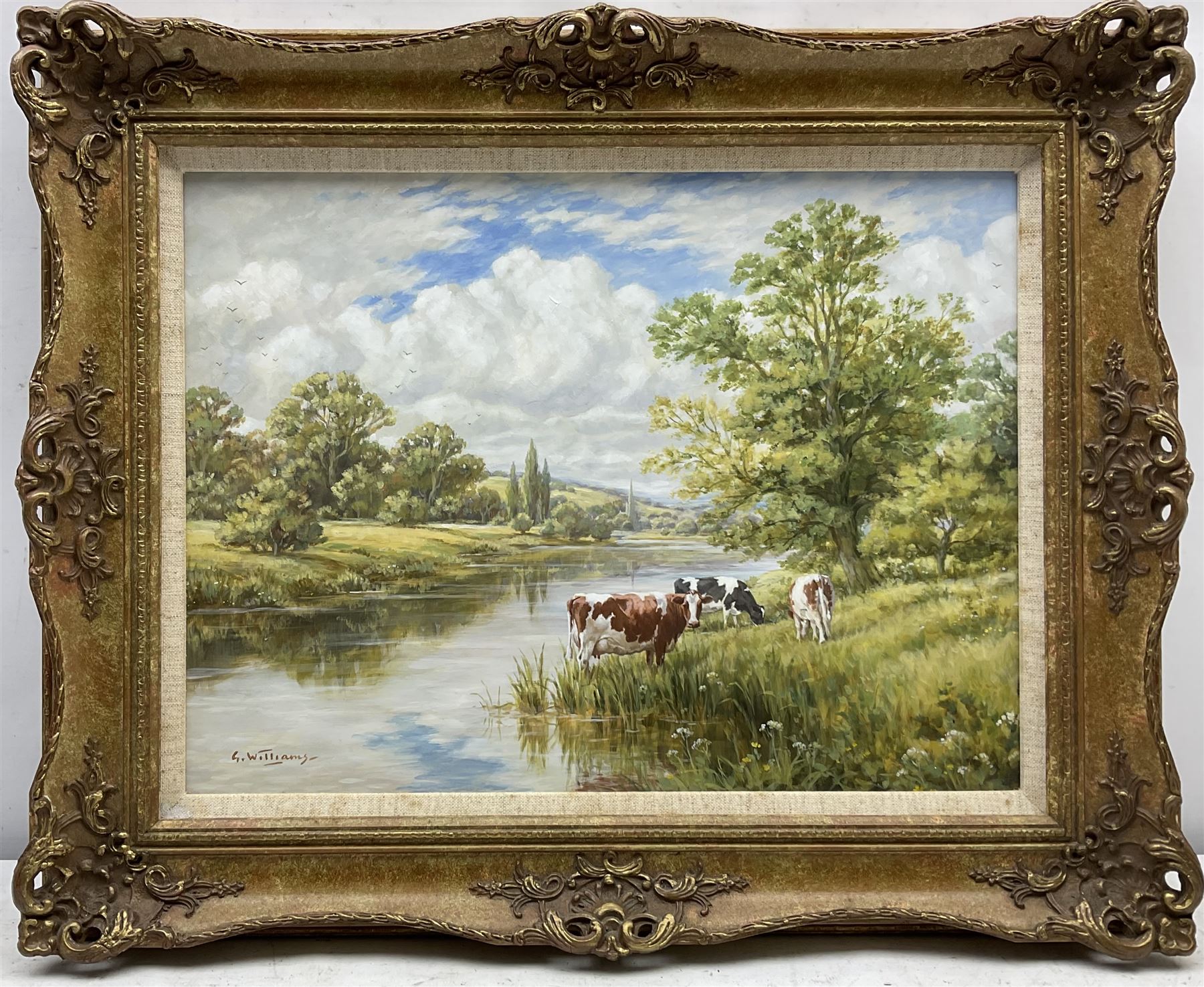 Glynn Williams (British 1955-): 'Cows Grazing by the River', oil on board signed, dated '98 on original receipt 29cm x 39cm
Provenance: with Hibbert Bros., Sheffield, label and receipt verso