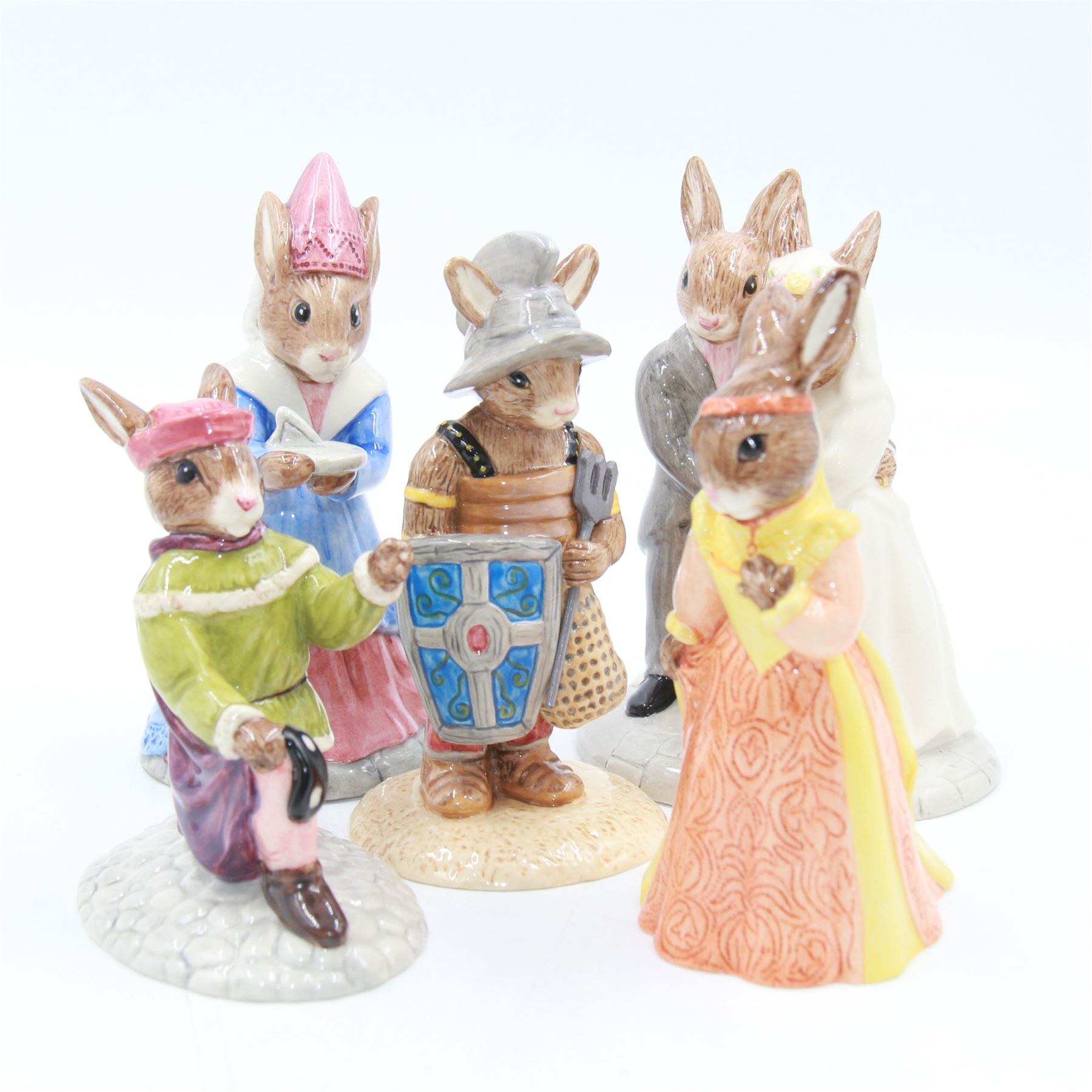 Five Royal Doulton Bunnykins comprising Sundial, Wedding Day, Gladiator, Romeo and Juliet 