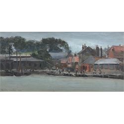 Walter Emsley (British 1860-1938): 'The Upper Harbour - Whitby', oil on board signed and dated 1918, inscribed verso 17cm x 34cm 