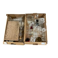 Set of eight champagne glasses with twisted stems, together with glass decanter and other collectables in four boxes  