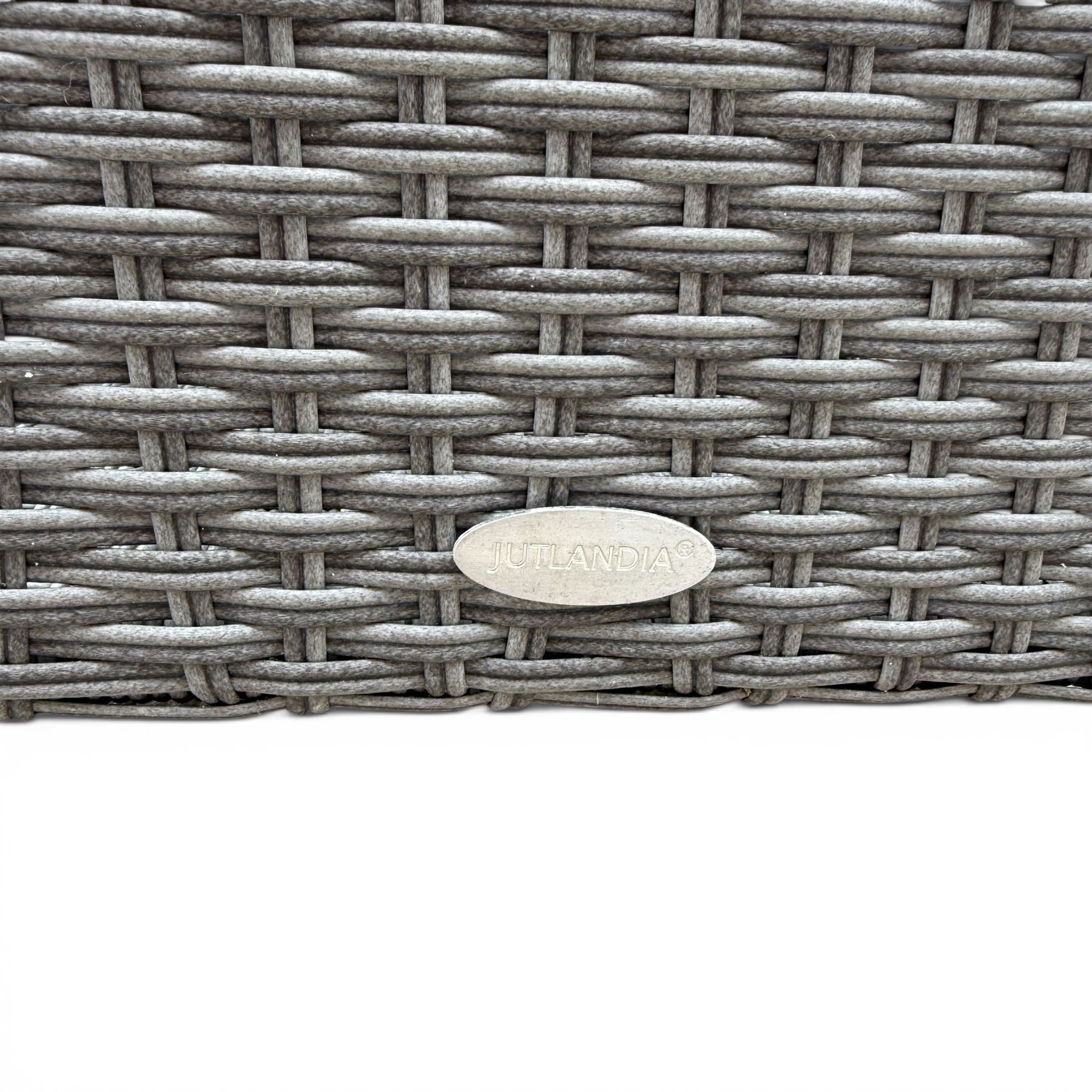 Jutlandia - Rattan garden furniture set with cushions, corner sofa, rectangular glass top table, side table, and two armchairs