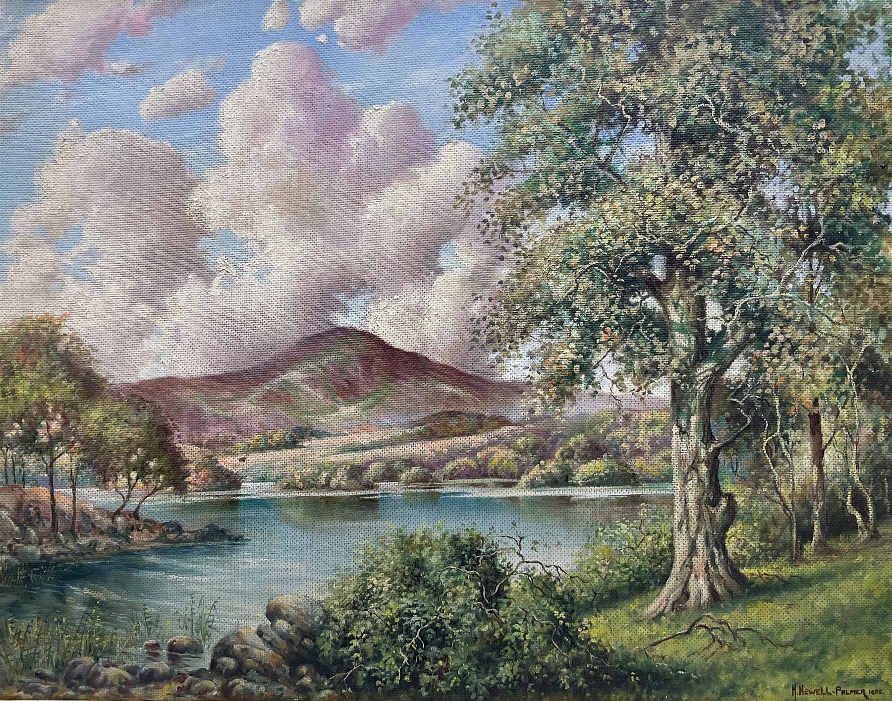 Herbert Newell 'Bert' Palmer (British 1900-1980): Rydal Water, oil on board signed and dated 1955  54cm x 68cm
Notes: better known as an actor, appearing in A Kind of Loving (1962), The Avengers (1961), Nearest and Dearest (1968), and Coronation Street, Bert Palmer was also an accomplished artist.