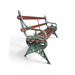 Coalbrookdale - Lily Pad design cast iron an wood slatted garden bench, late 19th century Aesthetic Movement, no. 217569, distressed green paint, iron centre support and seat stretcher, hardwood slatted