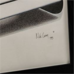 Four Formula 1 racing prints by Nik Curry, all within black frames, largest H38cm, W58cm