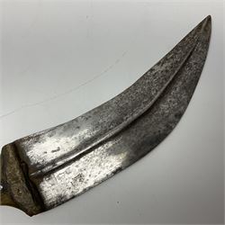 Late 19th century Yemeni Tuza jambiya as worn by religious elite, the 20.5cm curving blade with raised medial ridge, the horn hilt with pique style studwork, in a leather wrapped wooden scabbard with pierced metal mount and leather belt applied with embroidered 'gold' and 'silver' thread work panel; dagger L36cm overall, belt L84cm