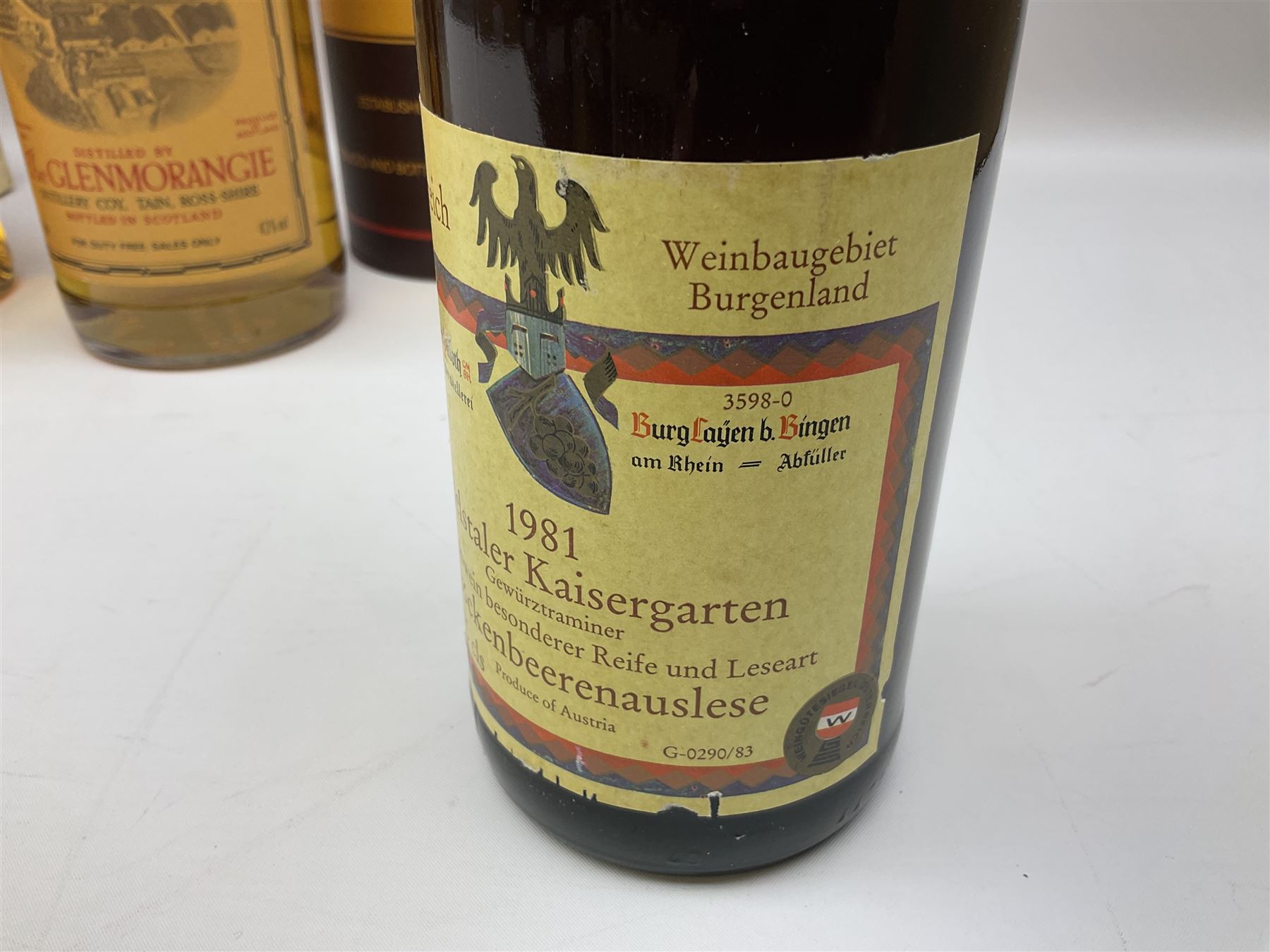 Mixed alcohol to include Glenmorangie 10 years old single Scotch whisky, Cardhu 12 year old Malt whisky, Ferdinand Pieroth 1949 Gau-Odernheimer Petersberg Beerenauslese, etc various contents and proofs