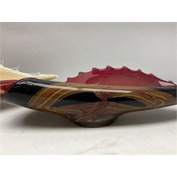Two art glass dishes in the form of shells, largest example H14cm L45cm