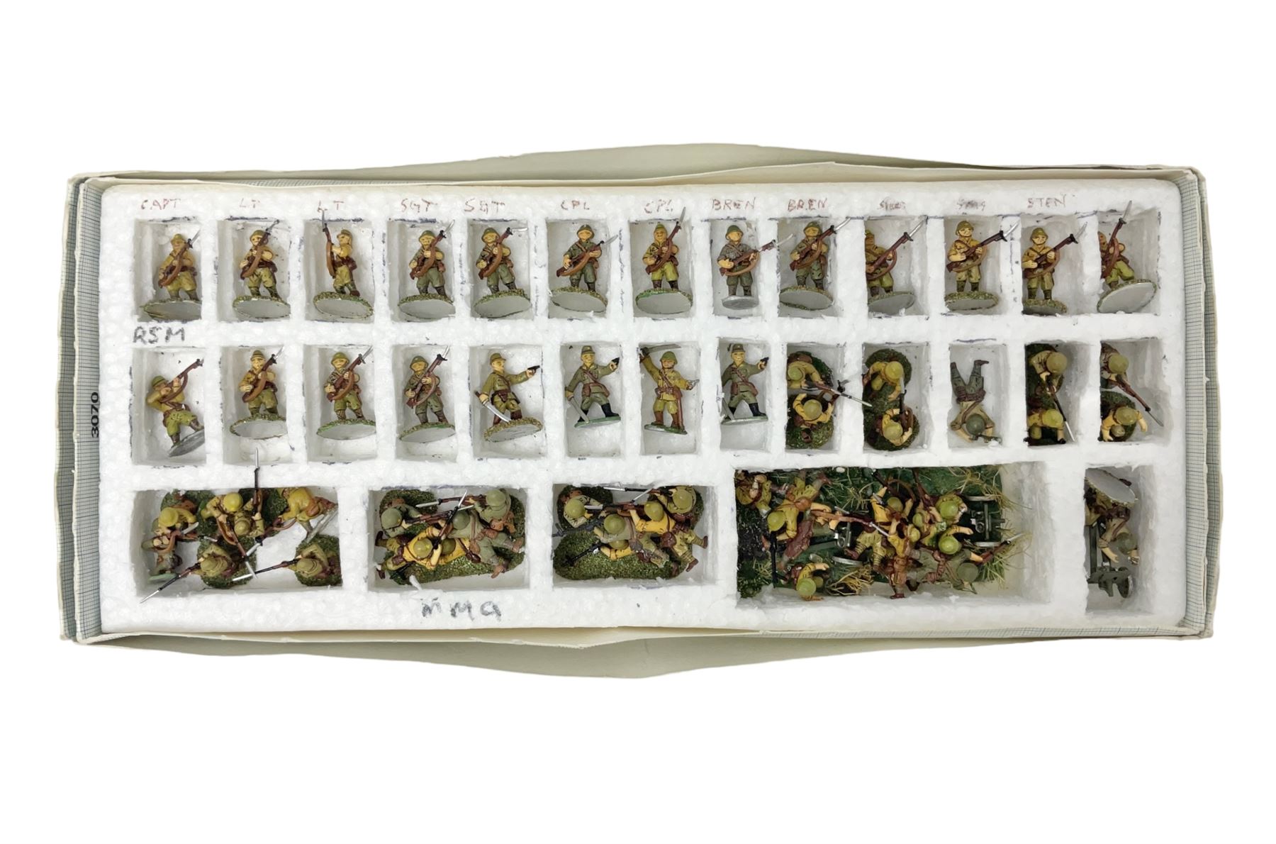 Lamming Miniatures - Bill Lammings own 1970s promotional display set of fifty-two 25mm miniature WW2 Japanese Infantry soldiers with two howitzers and mortar team; hand painted by Bill Lamming for exhibition