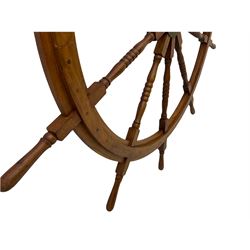 Very large 20th century walnut ship's wheel with ten turned spokes and brass central boss, D175cm