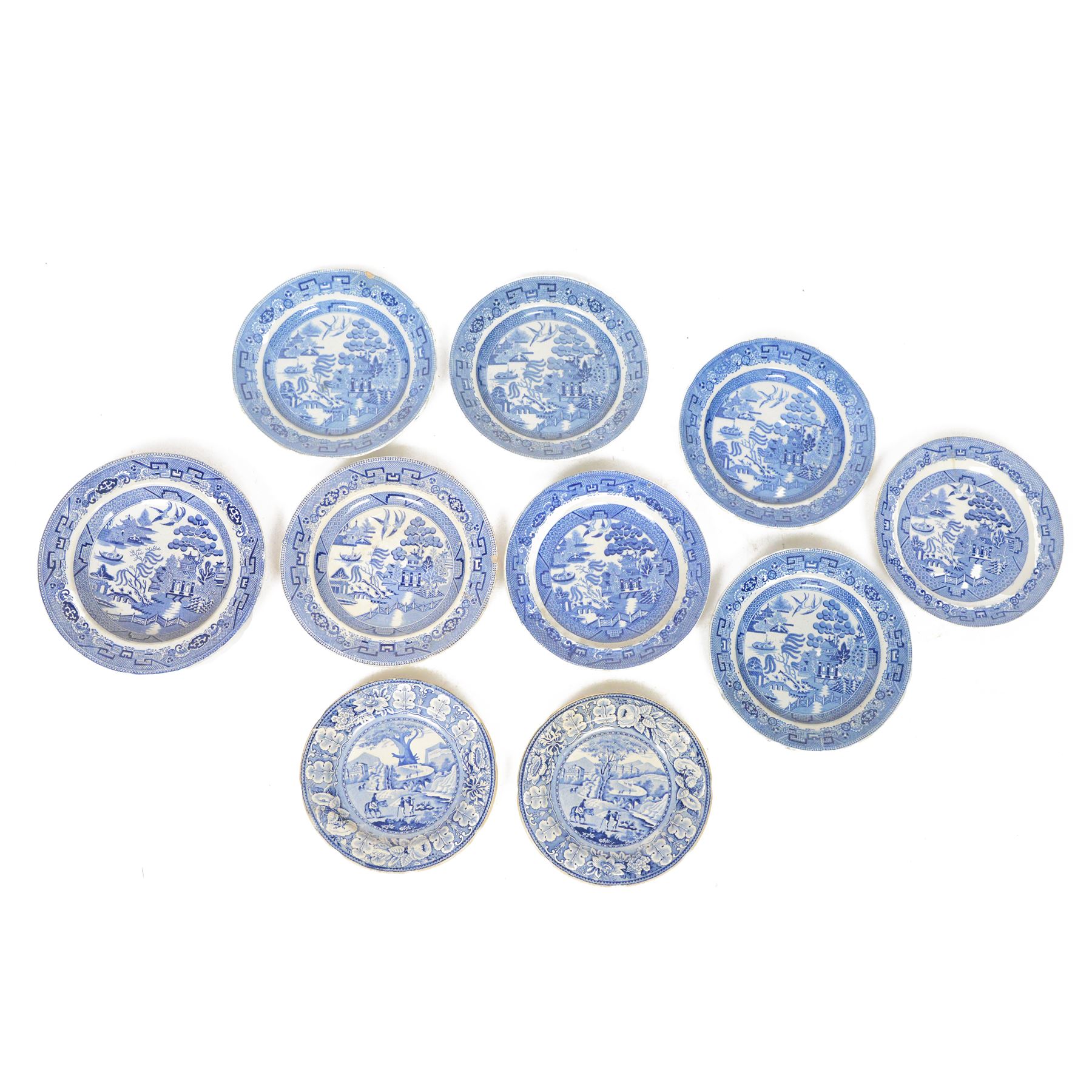 Collection of ten blue and white transfer plates, including two in Italian pattern with floral boarder, together with Willow pattern 