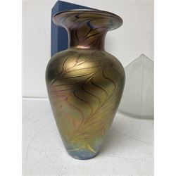 Late 20th century art glass, to include a Robert Held vase, of baluster form with iridescent swirl design, two frosted glass vases with peacock feather design on green and white ground, frosted glass tulip shaped bowl with smoke design and a Rogaska Crystal cobra candlestick, tallest vase 27cm