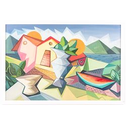 Nildo Martins (Brazilian 1948-): Abstract Fruit in Landscape, oil on board signed 39cm x 59cm 