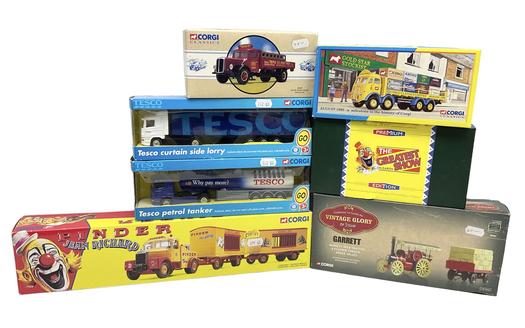 Corgi - 16801 Pinder Jean Richard Scammell Highwayman with two animal cages; CC12303 Premium Edition Scammell Contractor Austen Bros.; 80307 limited edition Vintage Glory Garrett Road Tractor and Flatbed Trailer; 09802 ERF 8 Wheel Rigid with load; 98459 White Soda Truck; and two Tesco lorries; all boxed (7)