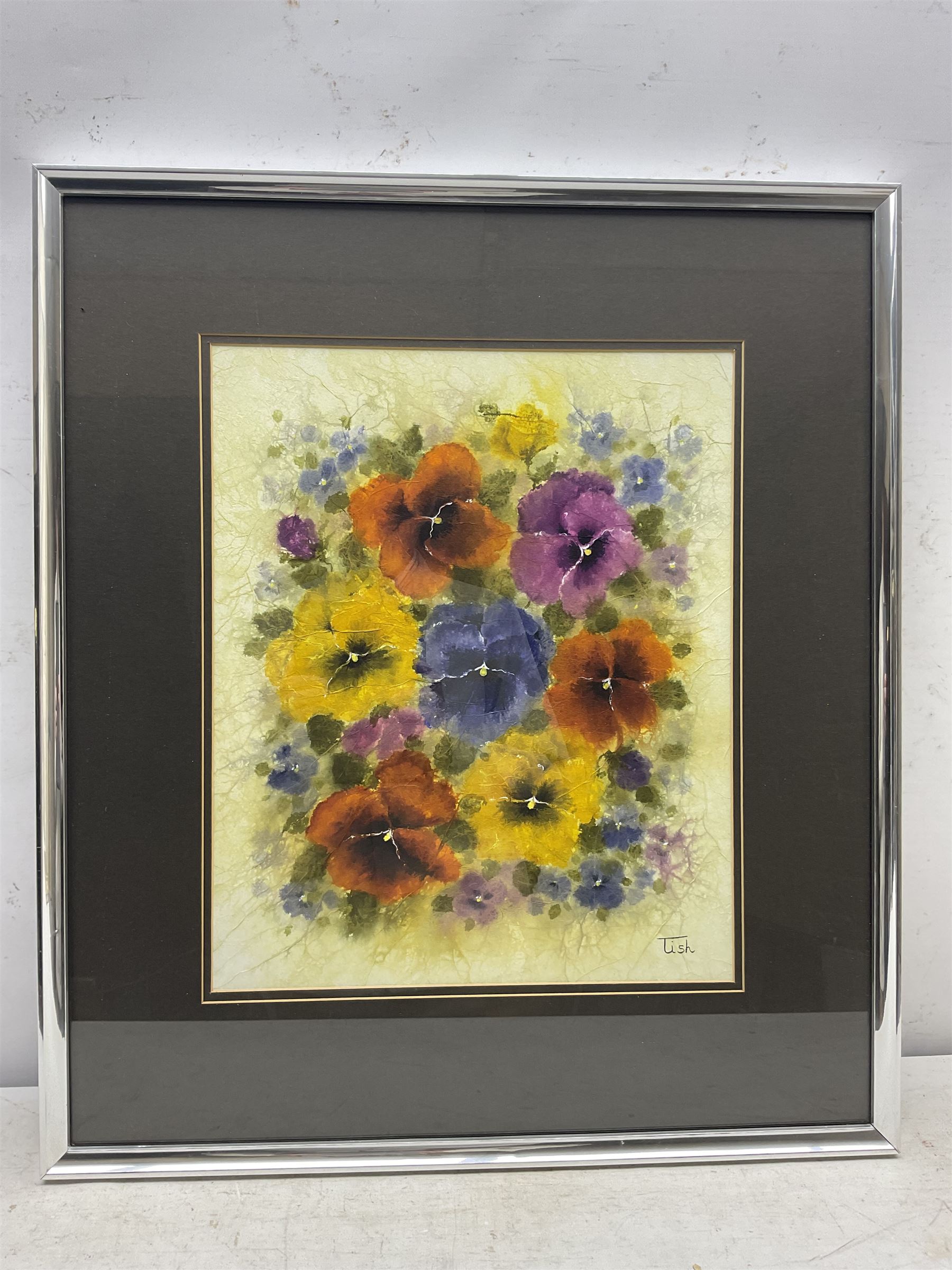 Patricia 'Tish' Moss (British 20th century): 'Giant Pansies', watercolour signed 43cm x 35cm