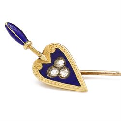 19th / early 20th century diamond trowel stick pin, set with three rose cut diamonds, blue enamel surround and handle, stamped 18ct