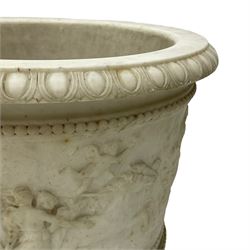 20th century marble planter, of slightly tapering cylindrical form, carved with a Classical frieze of figures and horse drawn chariot amidst clouds and sunburst, H32.5cm D45cm