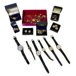 Six gentlemans wristwatches including Accurist and Seiko, a ladies Tissot wristwatch and a collection of costume jewellery including Masonic cufflinks, gold plated heart locket, pin badges, etc 