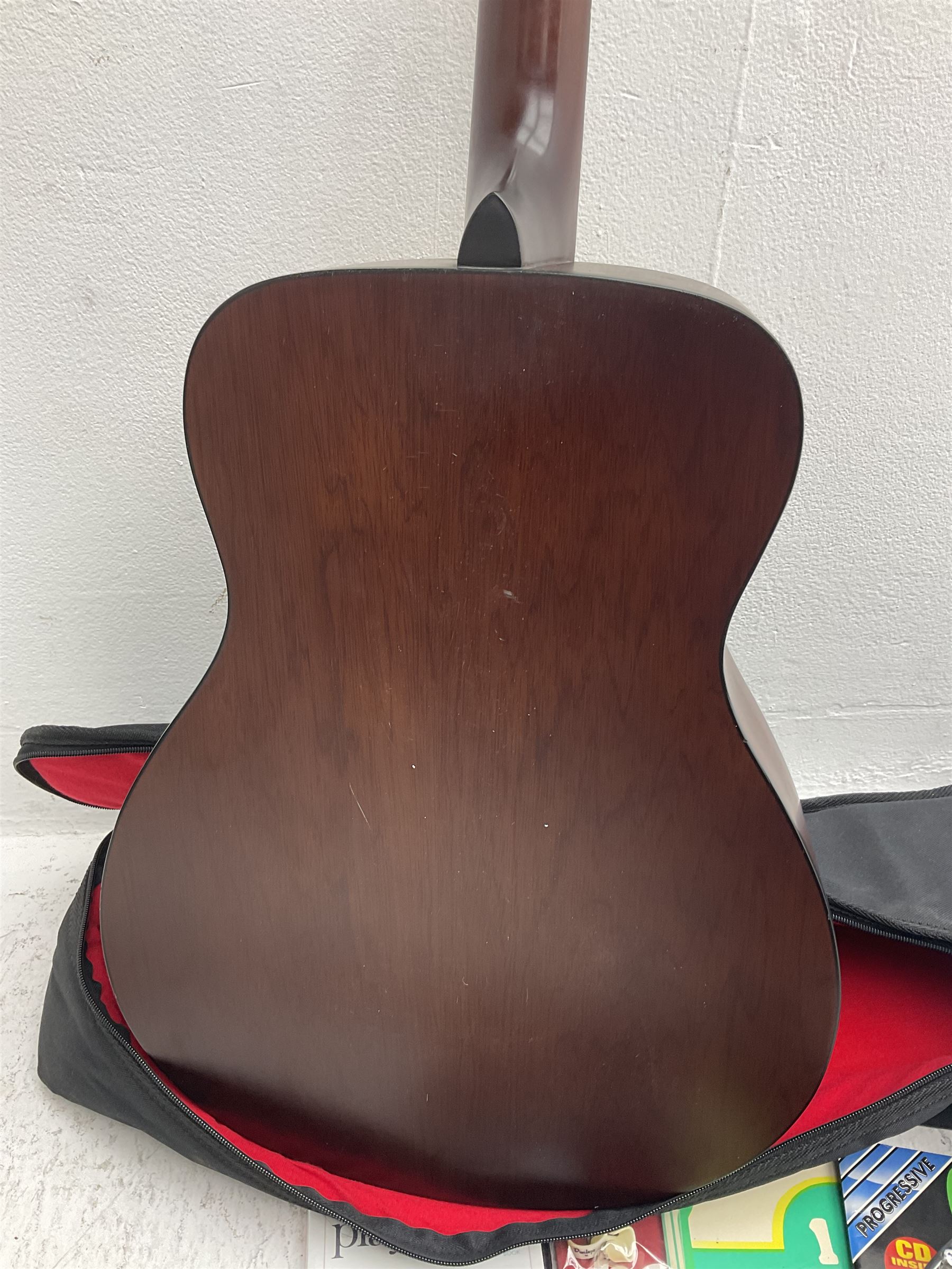 Rally five-string banjo with mahogany solid back L101cm in soft carrying case; and Brunswick Model BF200 acoustic guitar L103cm; with small quantity of instructional DVDs and booklets