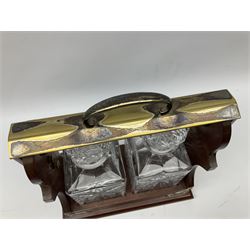 Late 20th century mahogany and silver plated two cut glass decanter tantalus, marked PB&S, with Whisky and Gin Crown Staffordshire ceramic decanter labels, H32cm