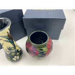 Two small Moorcroft vases, one decorated in the Lamia pattern by Rachel Bison, circa 1995, H13cm and the other in the Anemone Tribute pattern by Emma Bossons, circa 2002, H7.5cm, both with original boxes (2)