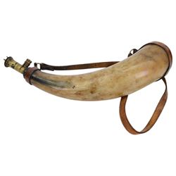 Horn powder flask, together with copper flask and a box of gun parts  