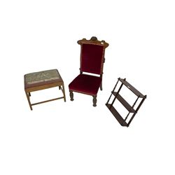 Early 20th century mahogany centre table (77cm x 55cm, H69cm), Chinese style black lacquered graduating what-not, 19th century oak nursing chair with scroll carved cresting rail, small 19th century mahogany stool with needlework seat cover depicting scene from the tomb of Menna and a Georgian style mahogany three tier wall shelf with turned supports (5)