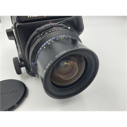 Mamiya RZ67 professional camera body, serial no 120282, with 'Mamiya-Sekor Z f=50mm 1:4.5 W' lens, serial no 18057 and RZ67 AE Prism Finder serial no 106809