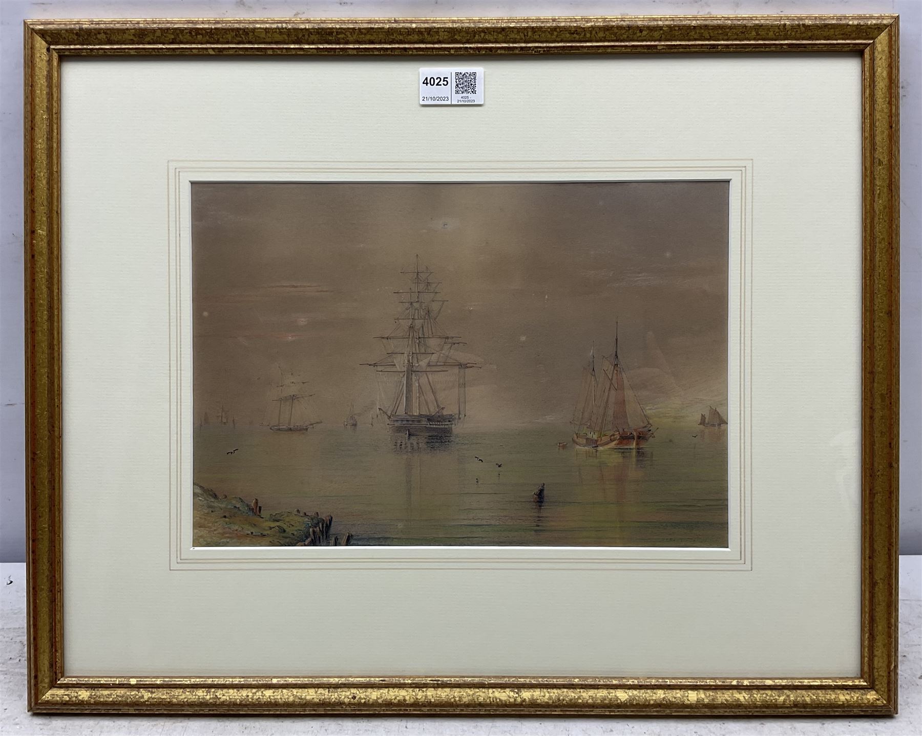 William Frederick Settle (Hull 1821-1897): Shipping in a Calm, pastel and pencil unsigned 22cm x 32cm