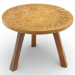 Gnomeman - oak circular stool, the top carved with continuous rosette and scrolling border...
