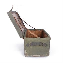 WWII portable trunk with canvas and wooden top and sides, fitted wicker interior with ammunition holders to the lid and makers tag Finch & Sons Ltd, Gloucester, painted to cover 'CAPT J.S.JEWITT 18 NORTH LODGE DARLINGTON ENGLAND', H32CM, L76cm