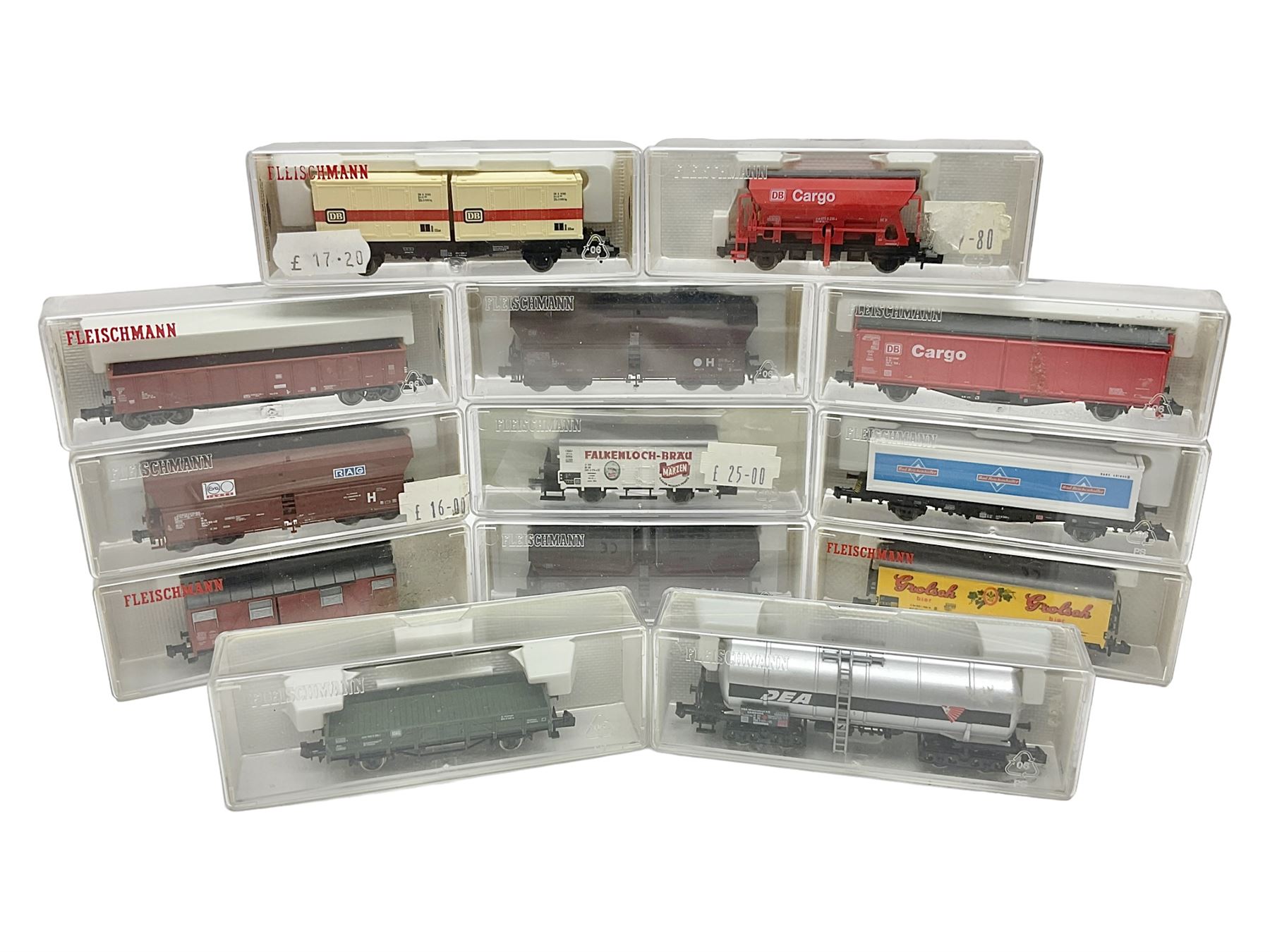 Fleischmann 'N' gauge - thirteen goods wagons Nos.8201K, 8234K, 8240K, 8282, 8325, 8330, 8372K, 8488K, 8515K, 834606K, 852401K, 852404K & 868523K; all boxed (13)