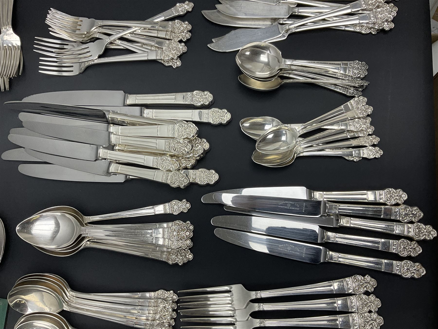 Gee & Holmes Ltd Elizabethan pattern part canteen of silver plated cutlery, stamped GH Heritage Plate