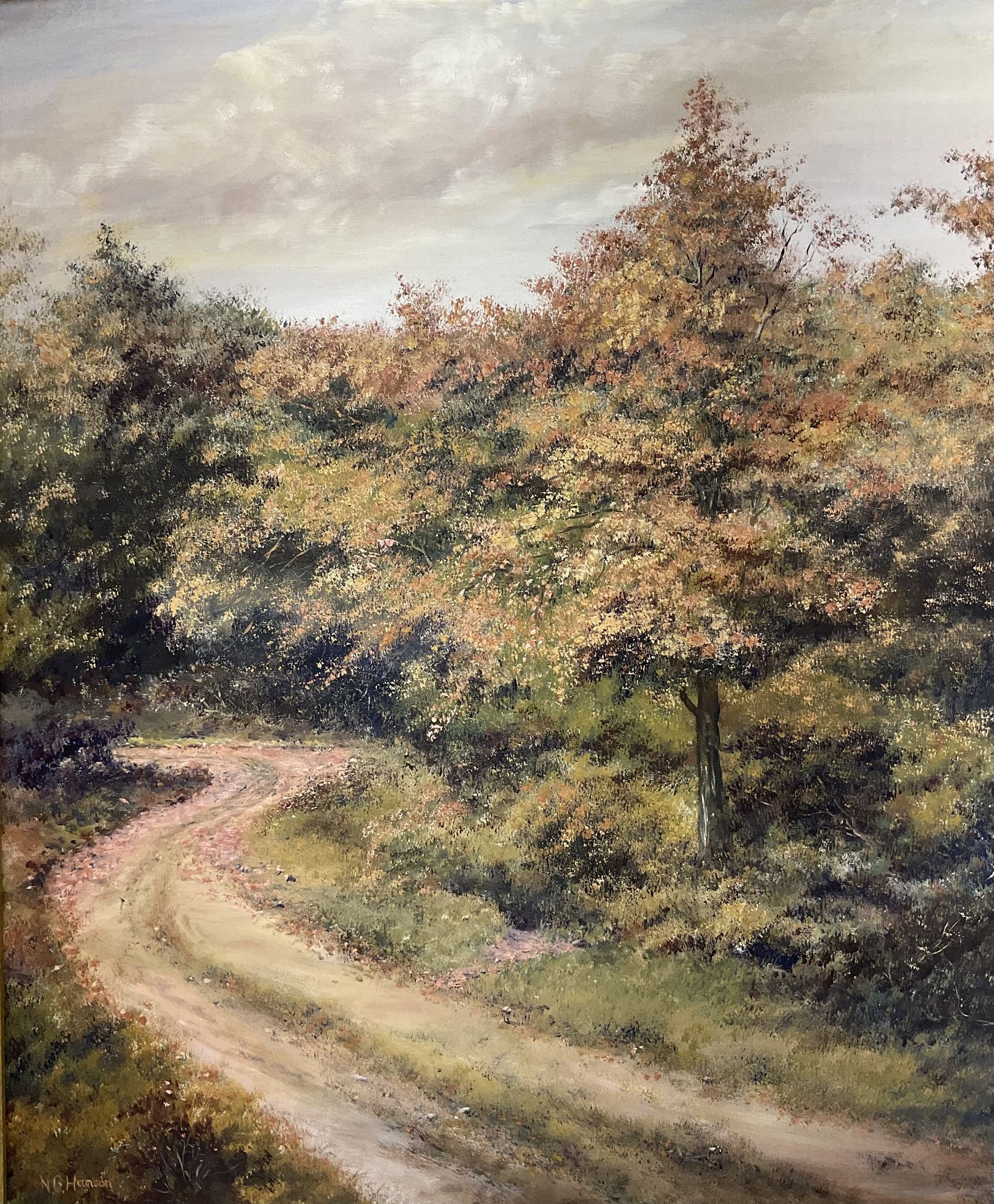 N C Hanson (British 20th century): Pair of oil on board North Yorkshire Moors landscapes signed, largest 66cm x 56cm (2)