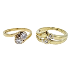  Gold two diamond stone crossover ring and one other similar set with two diamonds, both hallmarked 9ct   