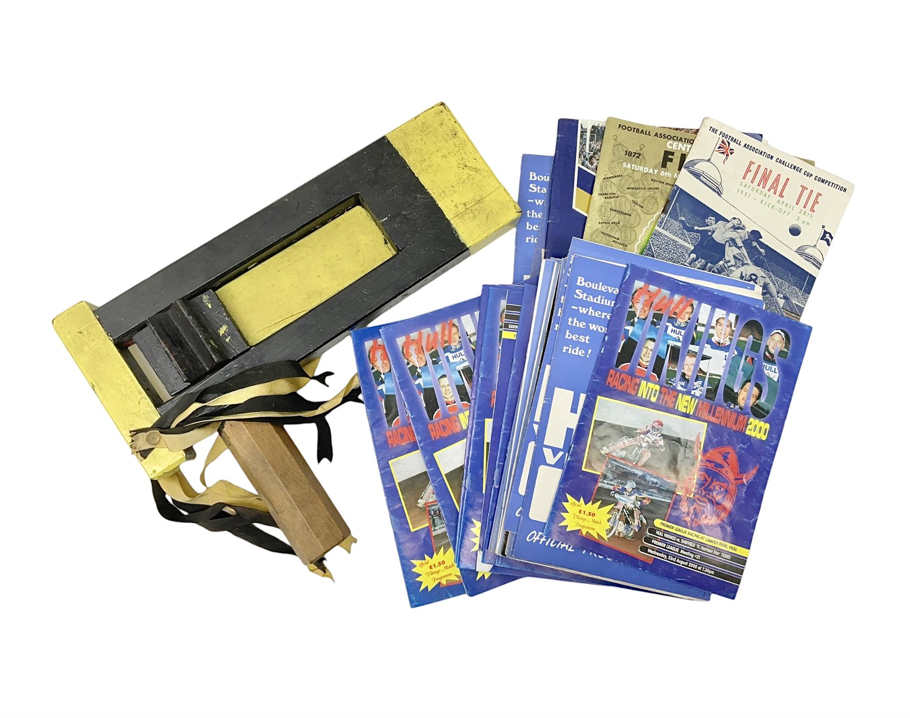 1951 FA Cup final Blackpool V Newcastle United programme, together with a collection of other sporting programmes, mostly Speedway official examples, and a football rattle.