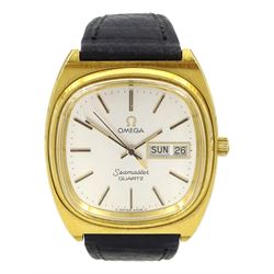 Omega Seamaster gentleman's gold-plated quartz wristwatch, Cal. 1345, on black leather strap with original buckle