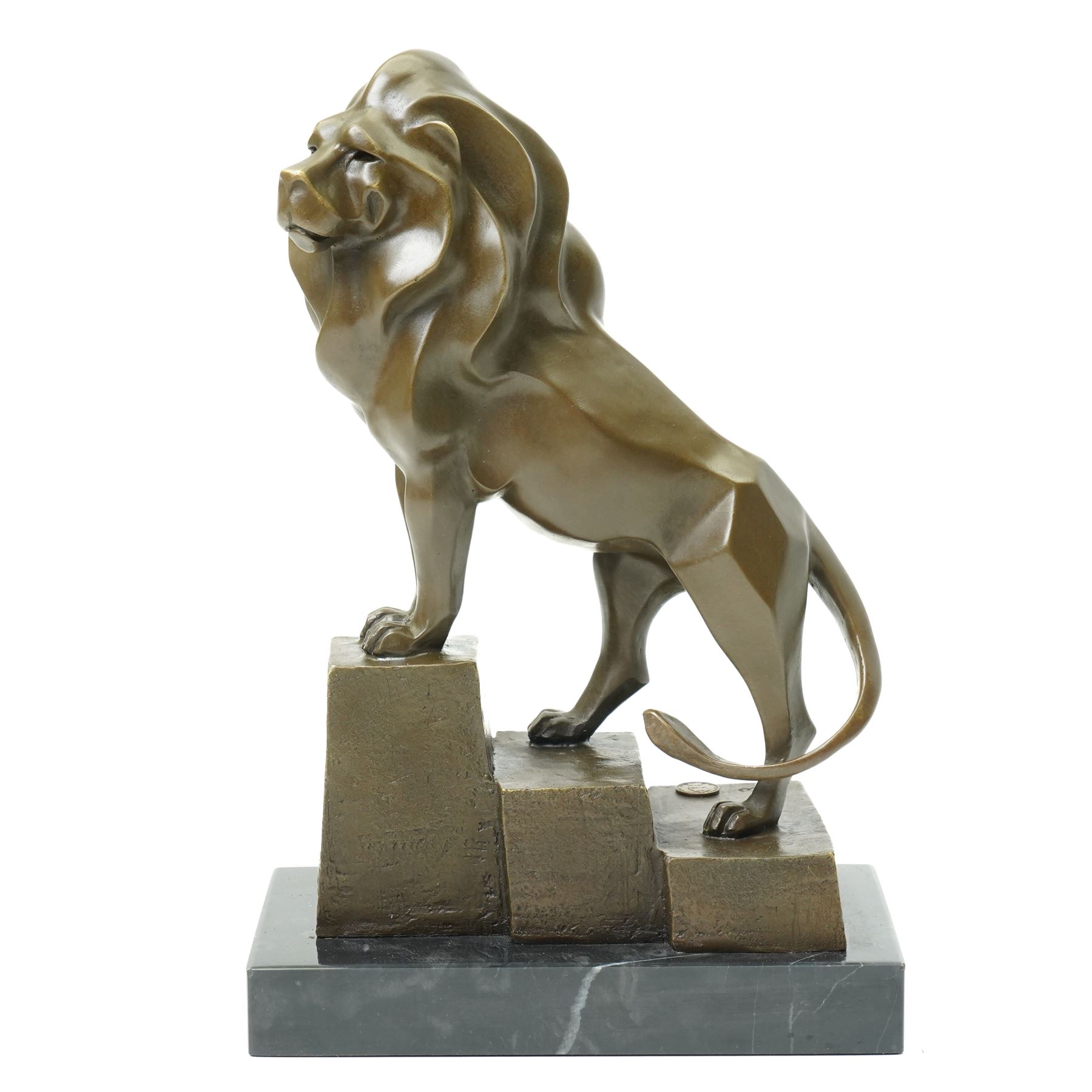 After Milo - bronze model of an art deco style lion climbing steps, bearing signature and foundry mark, overall H32cm 
