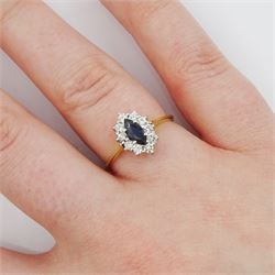 18ct gold marquise cut sapphire and round brilliant cut diamond cluster ring, London import mark 1986, total diamond weight approx 0.30 carat