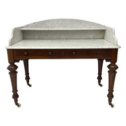 Victorian figured mahogany two-piece bedroom set - the washstand with white and black marble moulded top with arched back and raised shelf, two moulded frieze drawers, on turned and fluted supports with brass and ceramic castors (W123cm, D60cm, H102cm); the dressing table with raised swing mirror in moulded frame with shell and scroll carved pediment, on scrolled horns carved with foliage, four raised trinket drawers over moulded rectangular top, fitted with two drawers, on turned and fluted supports with brass and ceramic castors (W122cm, H177cm, D62cm)