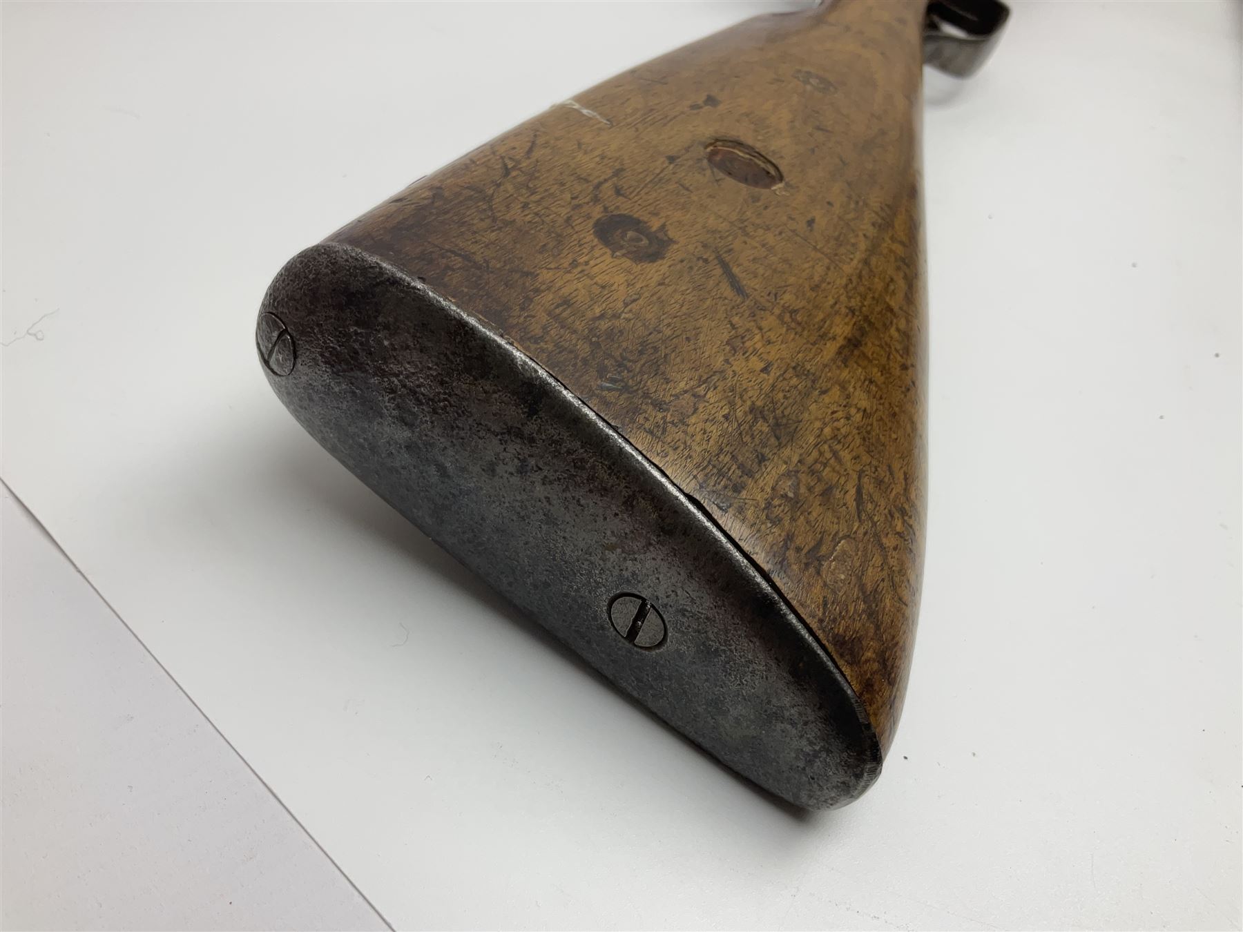 19th century Indian .577 Enfield muzzle loading rifle, proofed for 26-bore, the 98.5cm barrel with three barrel bands and later ram rod L140cm overall; 19th century Belgian side-by-side double barrel percussion shotgun, approximately 20-bore, with 74cm barrels and studded walnut stock, lock plate marked 'Liege 1868' and 'V. Gulikers-Maquinay' L117cm overall; and another side-by-side double barrel shotgun by Smythe with underlever opening (3)